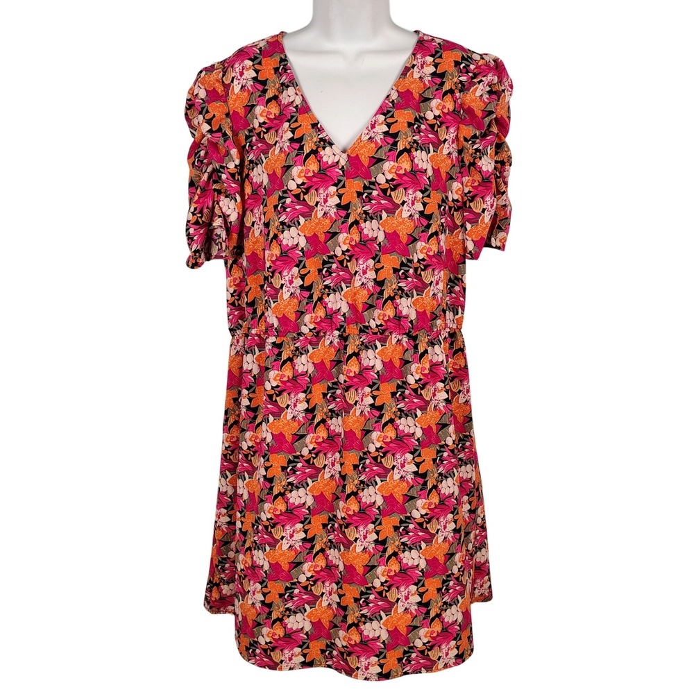 Loft Womens XL Floral V-Neck Ruched Sleeve Mini Dress Pink Orange Tropical Boho